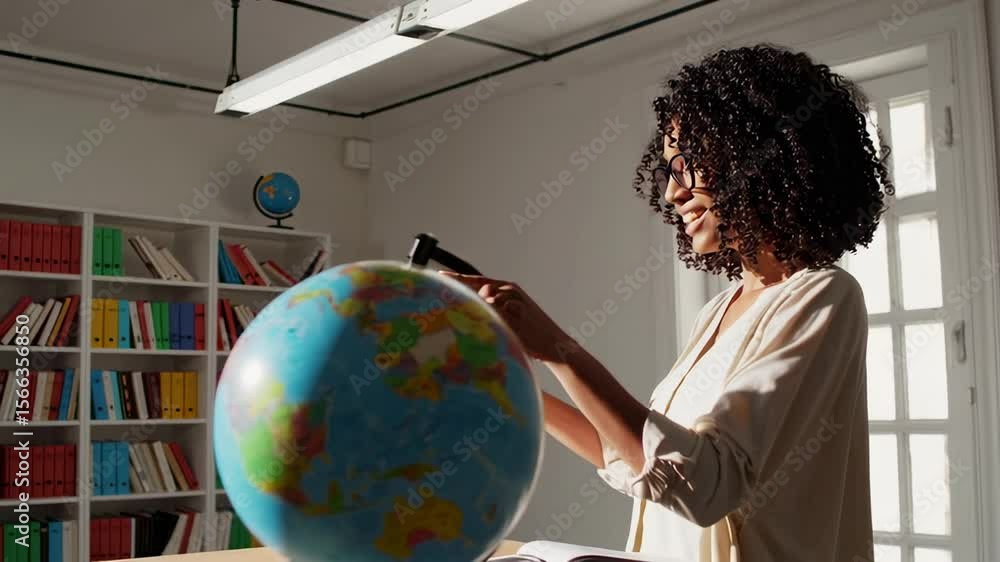 Poster Female educator pointing at world map, explaining geographic regions while engaging young learners in classroom setting, highlighting global diversity and cultural understanding
