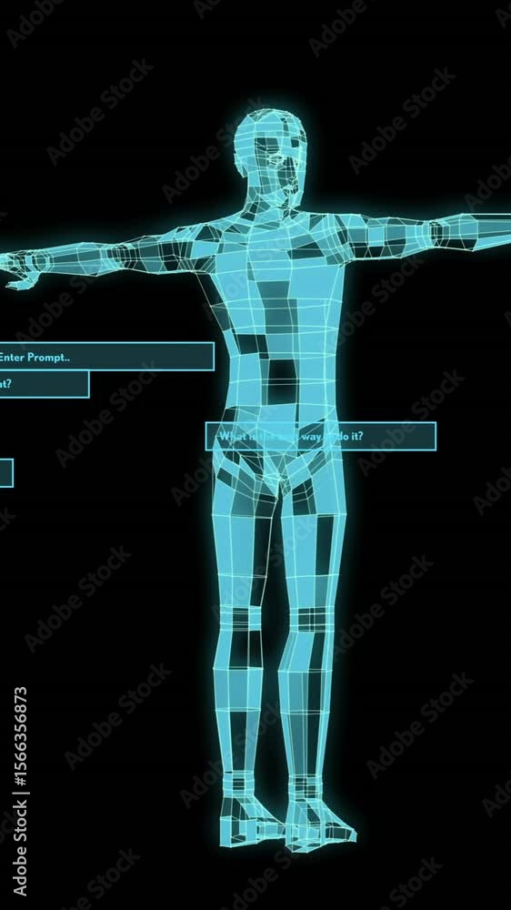 Poster animation of human body and ai data processing over black background