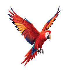 Fototapeta premium Vibrant Flying Parrot Illustration – Colorful Scarlet Macaw Bird Artwork with Open Wings, Exotic Tropical Wildlife Animal for Print, Design, Nature Projects