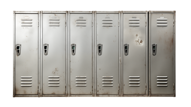 Row of school metal lockers showing wear and tear evokes vintage nostalgia  isolated on transparent background