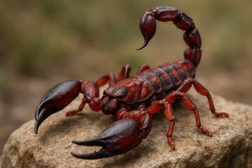 A striking red scorpion with its pincers extended stands poised on a rocky surface, ready to strike