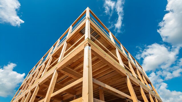 Sustainable Wood Frame Building and Architecture Under Blue Sky