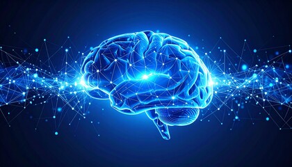 A digitally rendered image showcasing a glowing blue brain with neural networks, representing intellect and cognitive functions