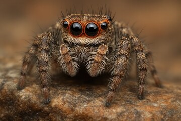 A spider with striking orange eyes sits poised on a textured surface, its body adorned with fine hairs that catch the light