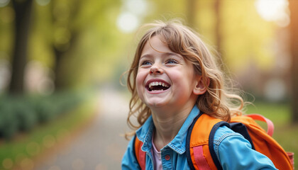 Fototapeta premium Girl laughing while walking in park during autumn sunset