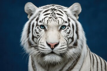 A close-up portrait of a white tiger with striking blue eyes against a deep blue backdrop