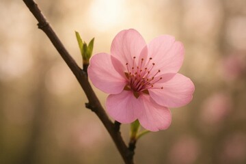 Obraz premium A delicate pink blossom graces a blurred garden backdrop, capturing the essence of springtime