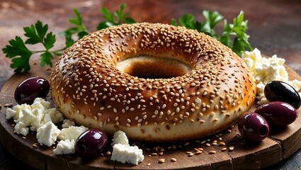 Turkish simit with sesame seeds, served with cheese and olives.