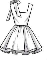 Stylish White A-Line Dress with Shoulder Tie Bow Detail, Fashion Illustration, Elegant Women's Apparel Design, Summer Outfit Sketch, Trendy Clothing Vector Art