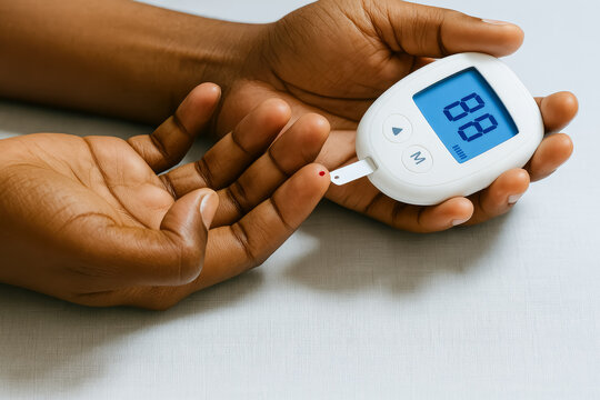 Close-up of the hands of an African-American person using a glucometer to measure blood sugar level.  World Diabetes Day
