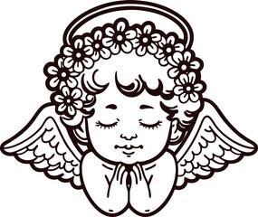 Vintage line art illustration of adorable angel with floral wreath, praying hands, and wings, isolated on white background