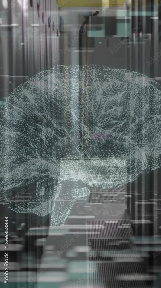 Poster animation of brain with connections over computer server