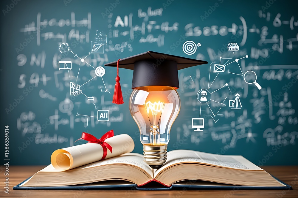 Poster illuminated idea of education and achievement represented by a glowing lightbulb graduation cap and 