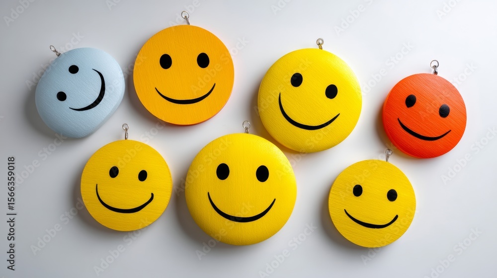 Poster row of smiling faces are hanging on a wall. the faces are all different colors and sizes, but they a