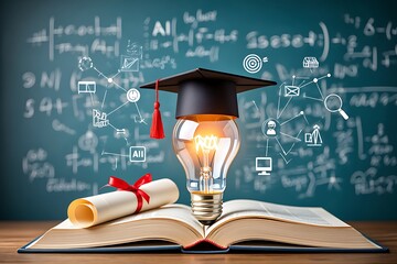 Illuminated idea of education and achievement represented by a glowing lightbulb graduation cap and diploma on an open book with a chalkboard background