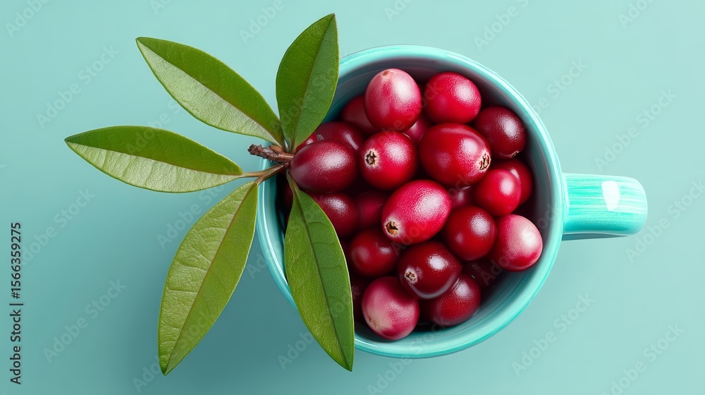 Poster blue cup filled with small red berries and a leaf. the berries are arranged in a way that they are a