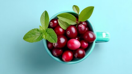 Obraz premium Blue cup filled with red berries and green leaves. The berries are small and round, and the leaves are green and leafy. Concept of freshness and natural beauty