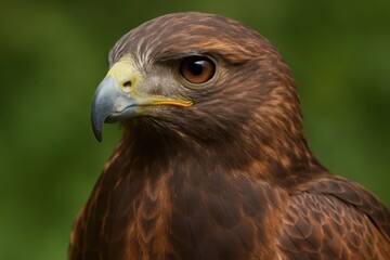 Fototapeta premium Portrait of a majestic brown hawk in sharp focus against a blurred green backdrop