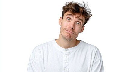 Fototapeta premium Man with messy hair and a surprised expression on his face. He is wearing a white shirt and is looking up