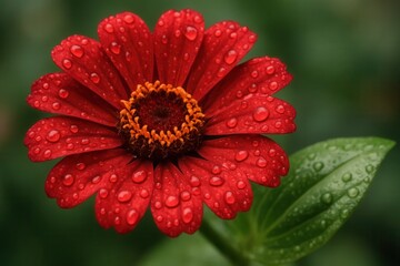 A Vibrant Red Zinnia Blooms in a Raindrop Hug