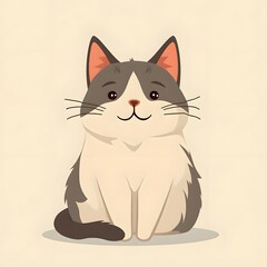 Cute Cartoon Gray and White Cat Sitting Adorably with Fluffy Fur and Charming Expression