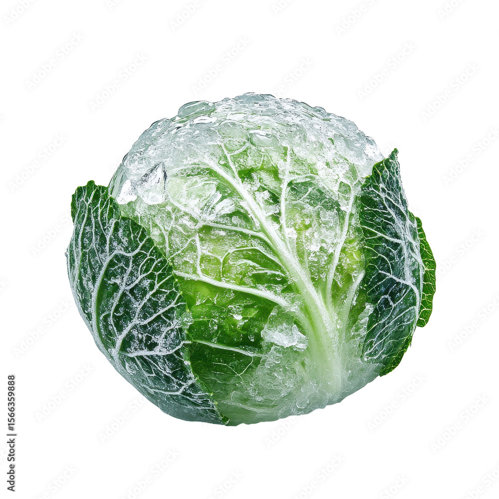 Poster fresh ice cabbage resting on a clean white background with visible frost on its leaves and surface, 