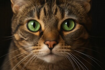 A close-up portrait of a tabby cat with striking green eyes, set against a dark background