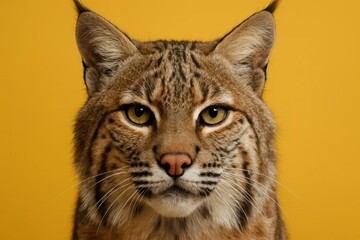 Obraz premium A close-up portrait of a bobcat against a vibrant yellow backdrop, highlighting its striking features and gentle eyes