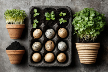 Spring Gardening Essentials Flatlay – Seeds, Seedlings, and Pots on Grey Background