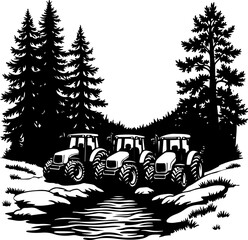 Fototapeta premium Tractor Convoy Silhouette with Forest Background vector bundle