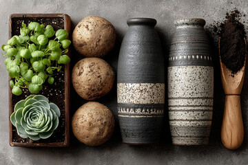 Spring Gardening Essentials Flatlay – Seeds, Seedlings, and Pots on Neutral Grey Surface