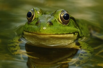 Obraz premium A serene frog gazes directly into the camera, its vibrant green skin contrasting with the calm water