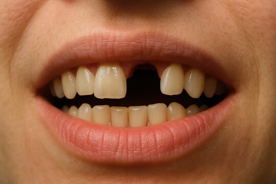 A close-up of a person's mouth revealing missing teeth