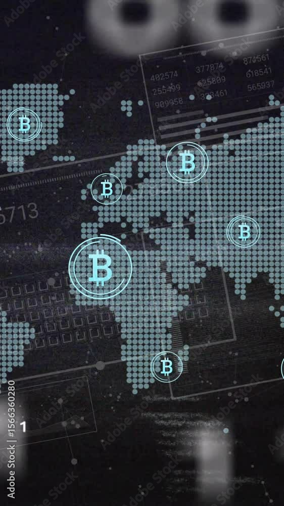 Aufkleber animation of bitcoin symbols and data processing with world map over black background
