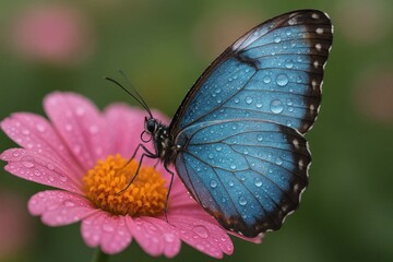 Obraz premium A blue butterfly rests on a dew-kissed pink flower, embodying tranquility and natural beauty