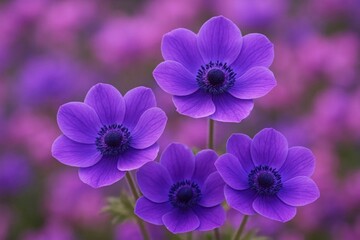 A trio of purple anemones stands out against a sea of blurred pink flowers, their vibrant hue drawing the eye and evoking a sense of tranquility
