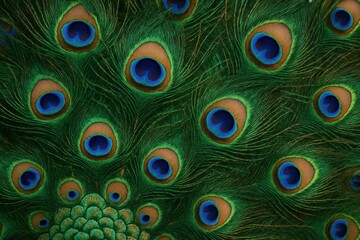A close-up of a vibrant peacock's feathers, showcasing their intricate patterns and colors