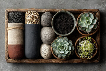 Spring Gardening Flatlay with Seeds, Seedlings, and Pots on Grey Surface – Seasonal Planting Essentials
