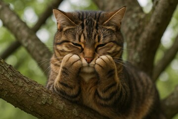 Contemplating the mysteries of the forest, a tabby cat sits in quiet repose on a tree branch