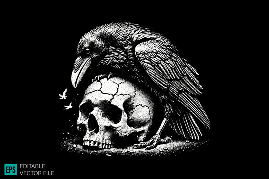raven and skull tattoo designs dark art scary creepy style tattoo illustration vector black and white background templates