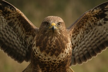 Fototapeta premium A majestic hawk with its wings spread wide stands poised in a natural setting, embodying the raw power of nature