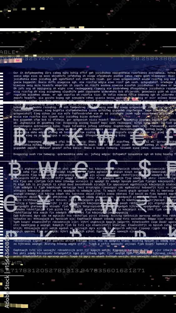 Poster animation of currency symbols and data processing over black background