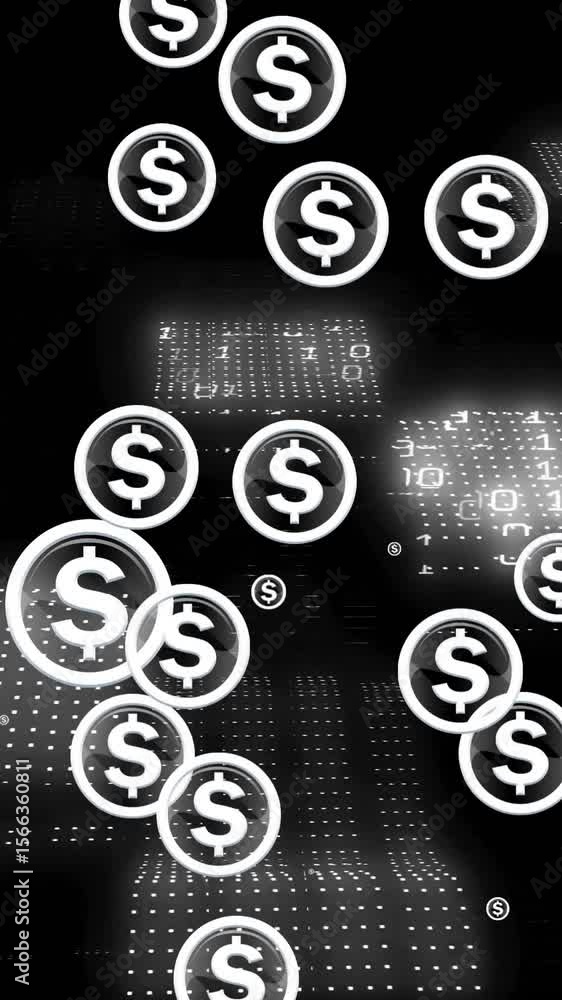 Poster animation of american dollar sign, binary coding and financial data processing