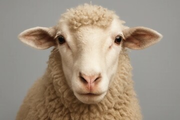 A serene sheep gazes directly into the camera with a soft, woolly texture against a muted gray backdrop