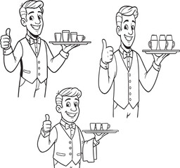 Smiling Cartoon Waiter Holding Tray Line Art – Restaurant Staff Character Illustration, Hospitality Theme, Coloring Page, Service Icon for Kids & Design

