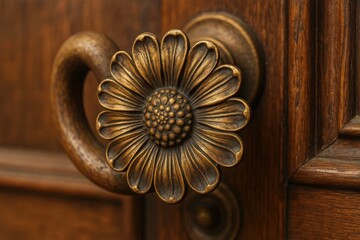 An ornate brass door handle with a floral design, exuding an antique charm