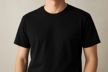 A black t-shirt stands out against a neutral backdrop
