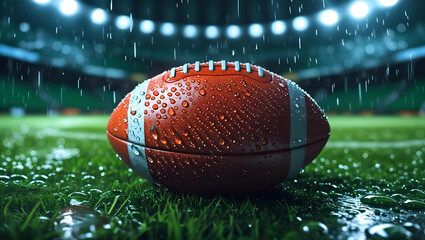 Wet American Football on Grassy Field Stadium Background Rain game sport