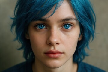 Portrait of a young individual with striking blue hair against a muted background