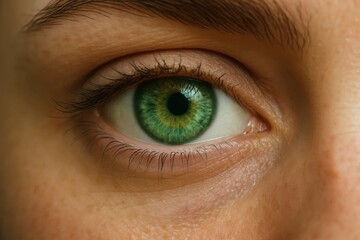 A close-up of a person's eye reveals a captivating blend of green hues, highlighting the intricate details of the iris and surrounding skin